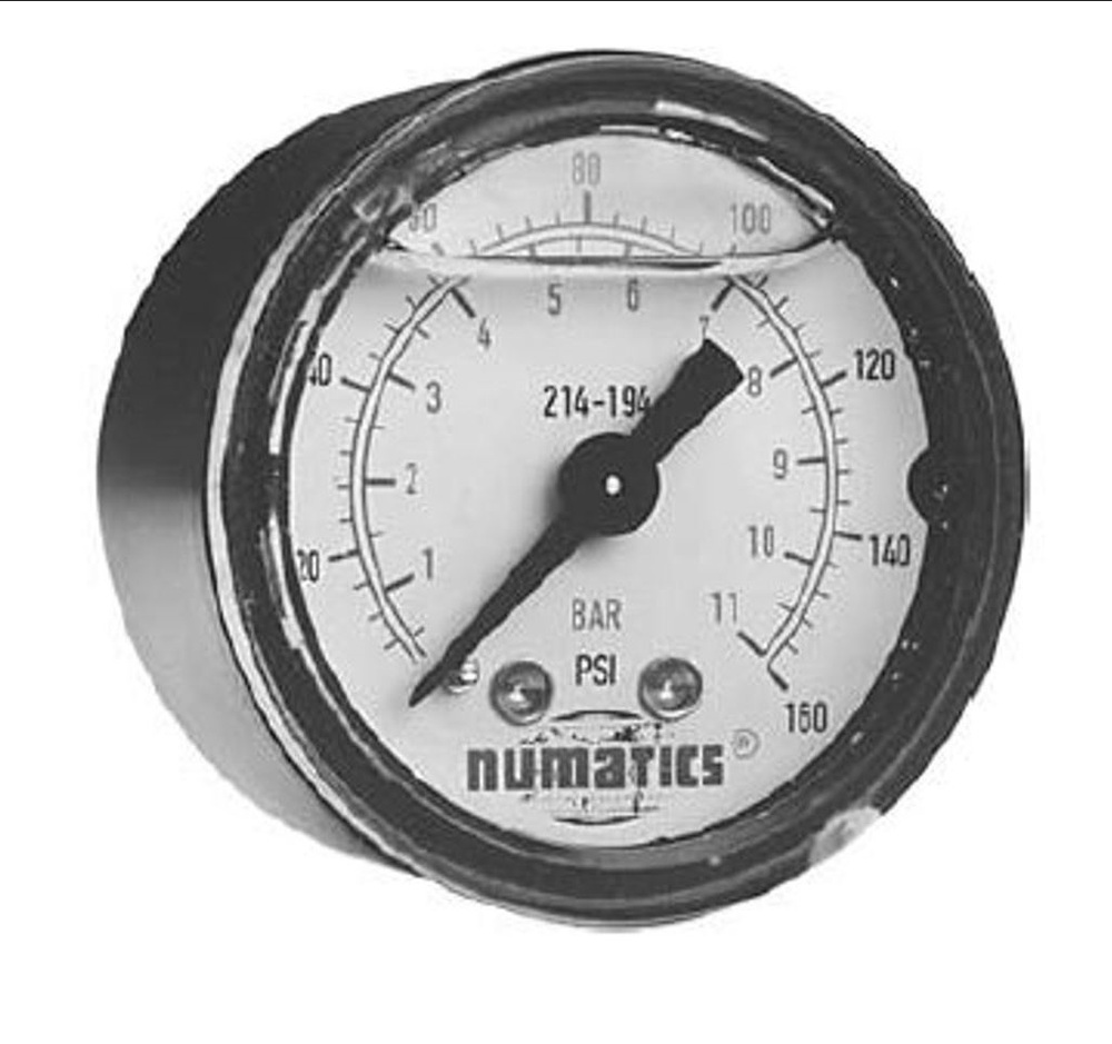 214-194 NUMATICS/AVENTICS GAUGE<BR>0-160PSI 1/8" NPT 1 1/2" DIA CENTER BACK MNT LQ FILLED